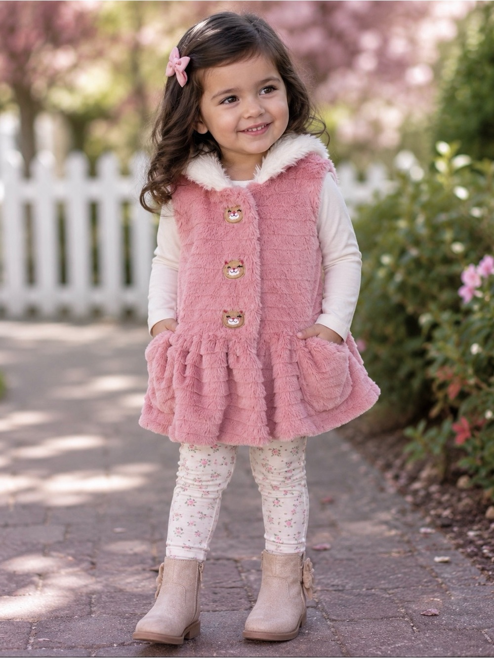 Little Lass Girls 3T Pink Faux Fur Hooded Vest Kitty Buttons Ruffle Hem